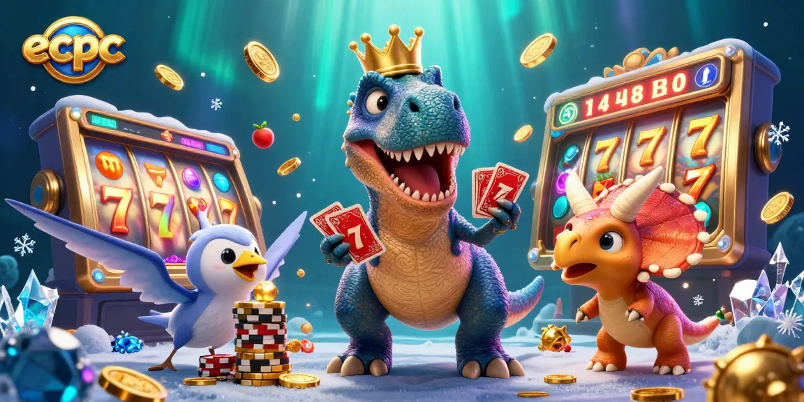 Showcasing the vibrant world of ecpc casinos, a T-Rex and friends are caught in a thrilling game of slot, surrounded by sparkling coins.