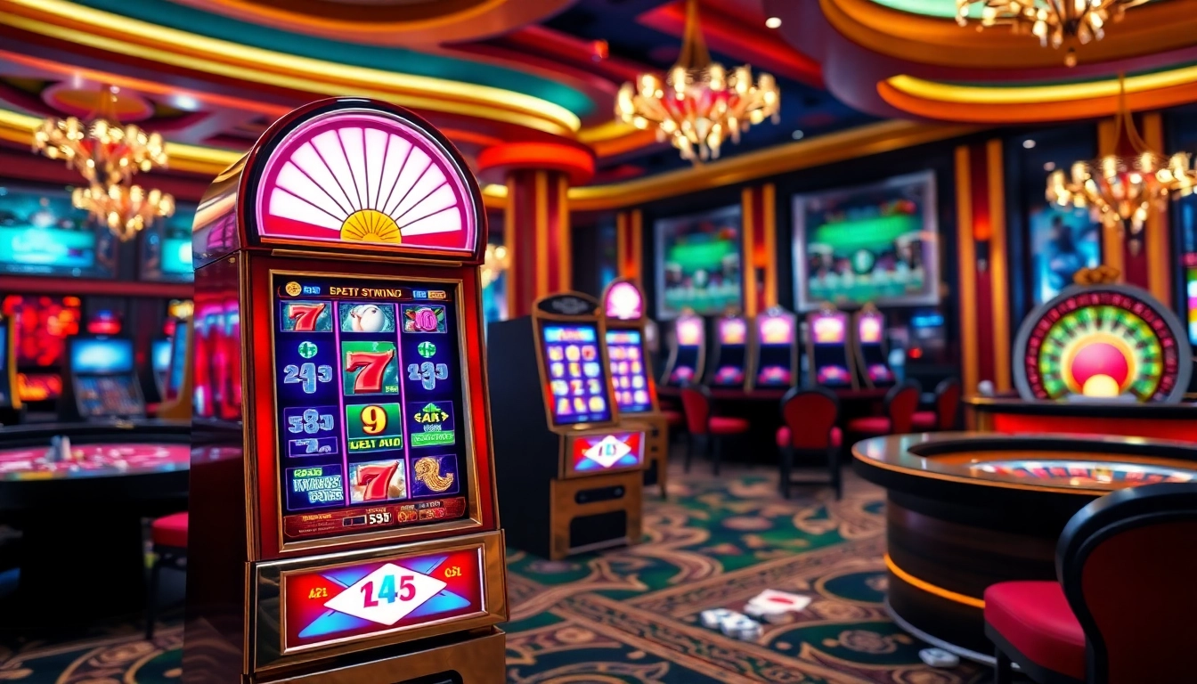 Engage with thrilling gameplay at a 2D slot machine in a luxurious casino setting.