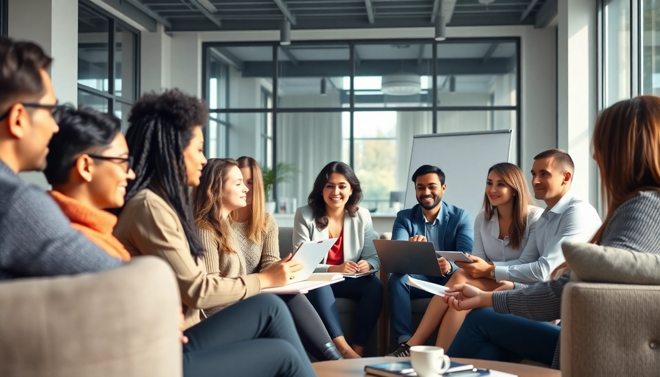Engaging business coaching service session highlighting diverse participants collaborating in a modern office.