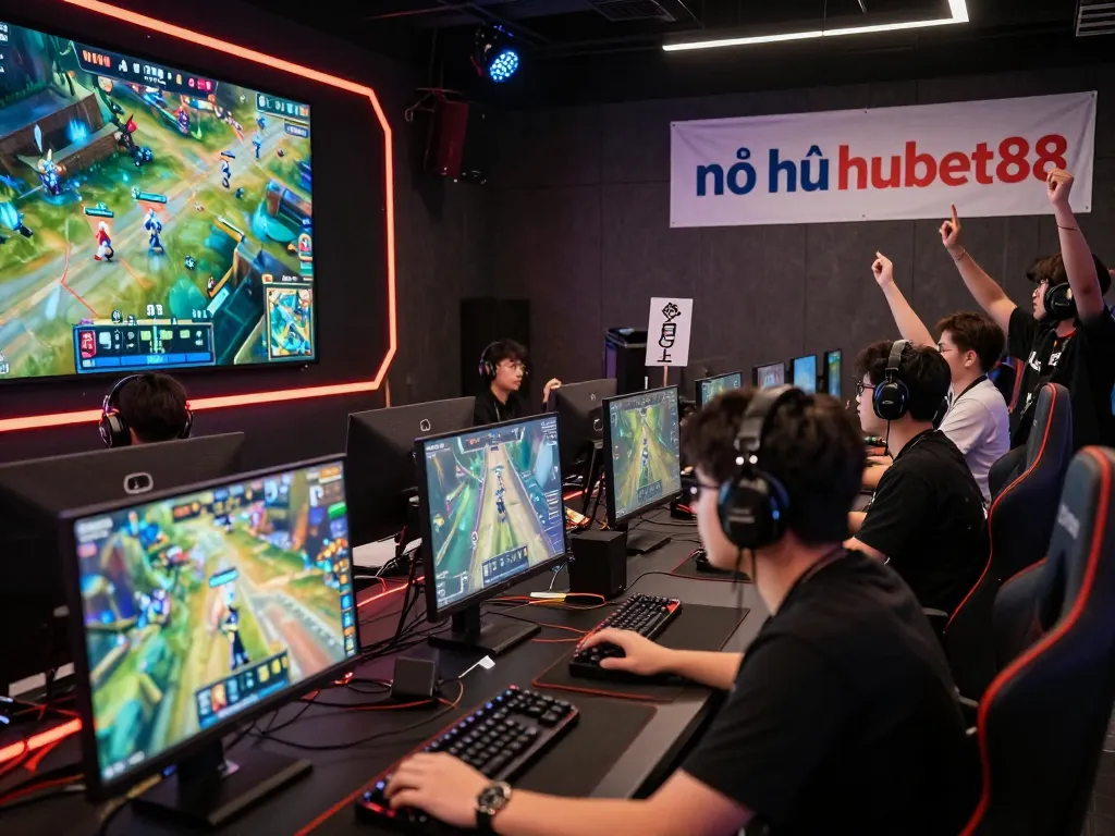Exciting esports match at the hubet88 arena showcasing nổ hũ hubet88 with players, vibrant graphics, and cheering fans.