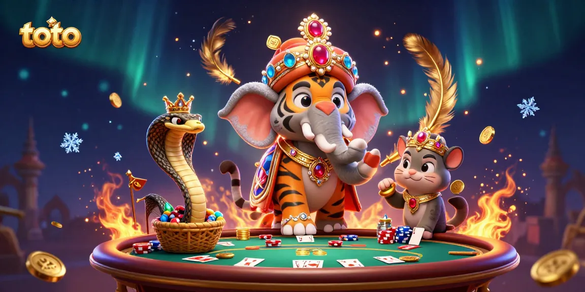 Experience the thrill of toto gaming with a vibrant scene of a tiger, elephant, and cobra at a casino.