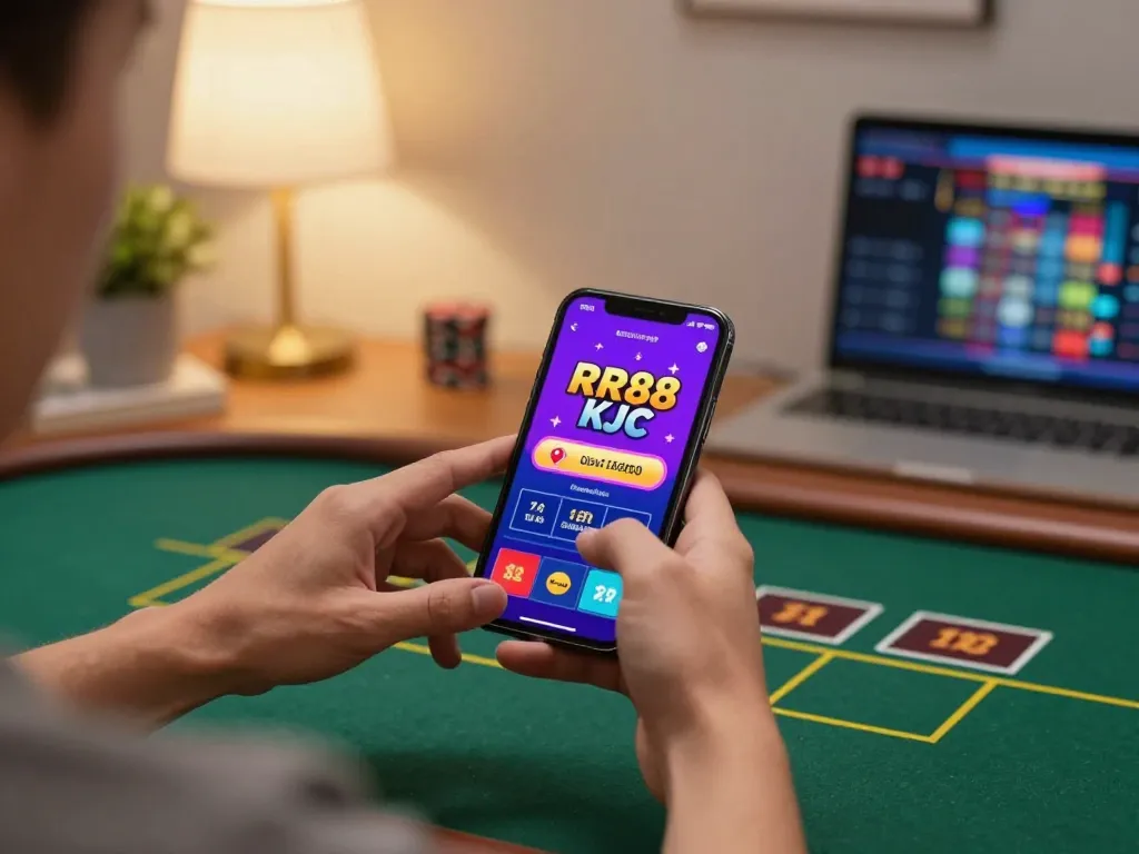 Player engaging with the RR88 KJC app for strategic online betting from a cozy home environment.