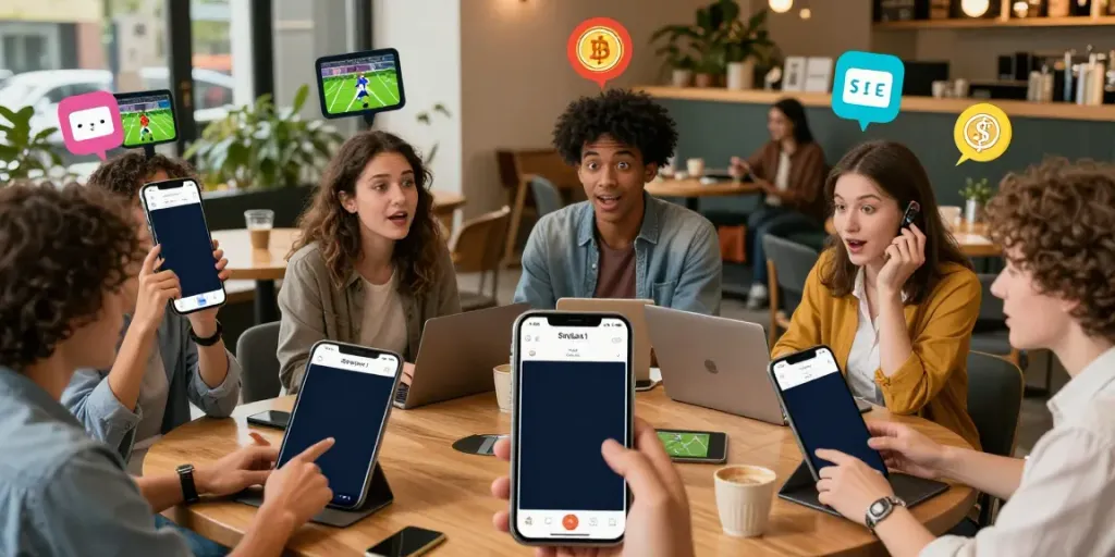 Engaged users swiping in the Swipe1 prediction market app, featuring заработок на прогнозах in a vibrant urban setting.