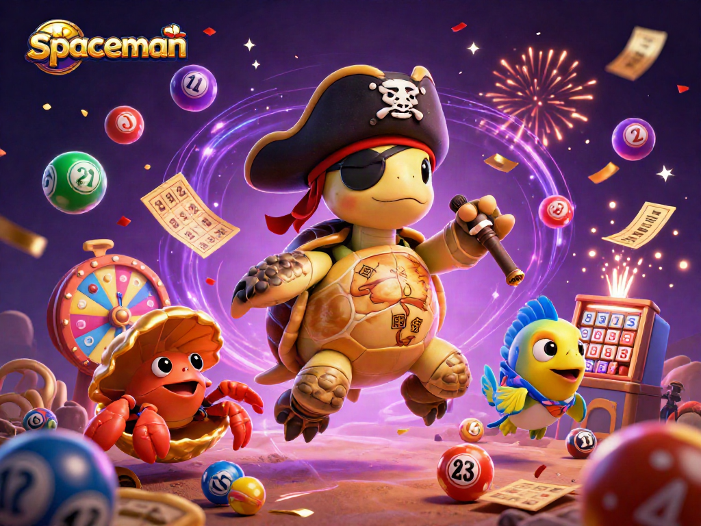 Engage with the spaceman theme as colorful lottery elements surround a lively pirate turtle scene.