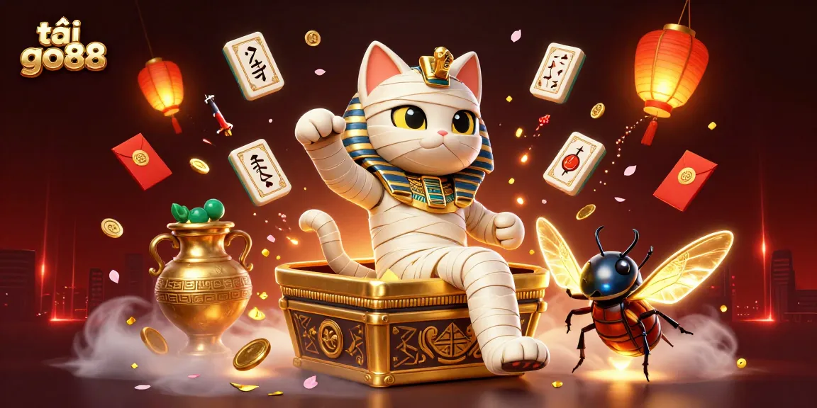 Engage in thrilling gameplay with tải go88, featuring an Egyptian mummy cat and vibrant casino elements.