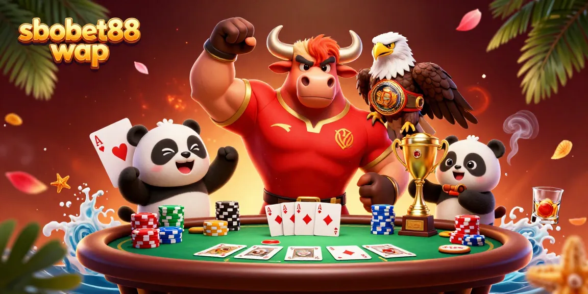 Experience sbobet88 wap with a joyful gaming scene featuring dynamic casino characters and elements.