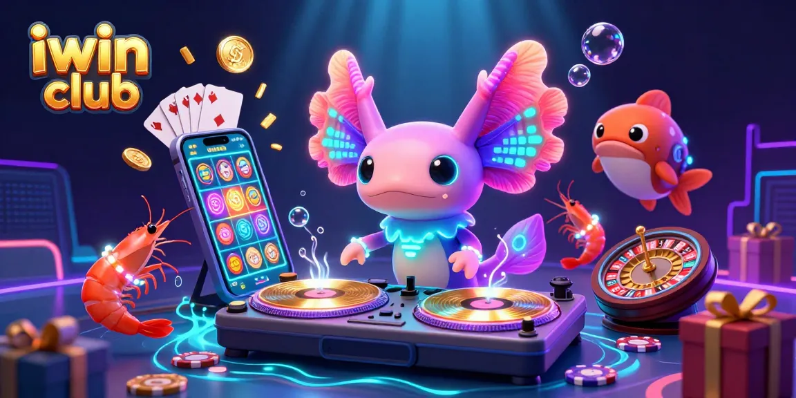 Experience vibrant gameplay at iwin club with a neon axolotl DJ and exciting casino elements.