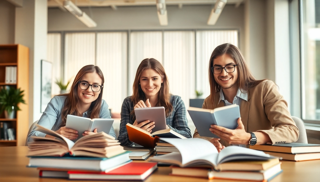 Focused toefl test takers for hire collaborating in a bright office environment filled with study materials.