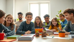 Engaged students collaborating in a vibrant Education classroom setting.