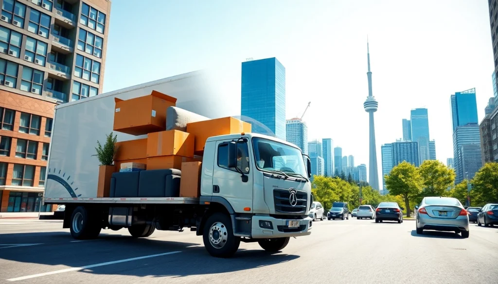 Toronto movers expertly handling a relocation amidst the vibrant Toronto skyline.