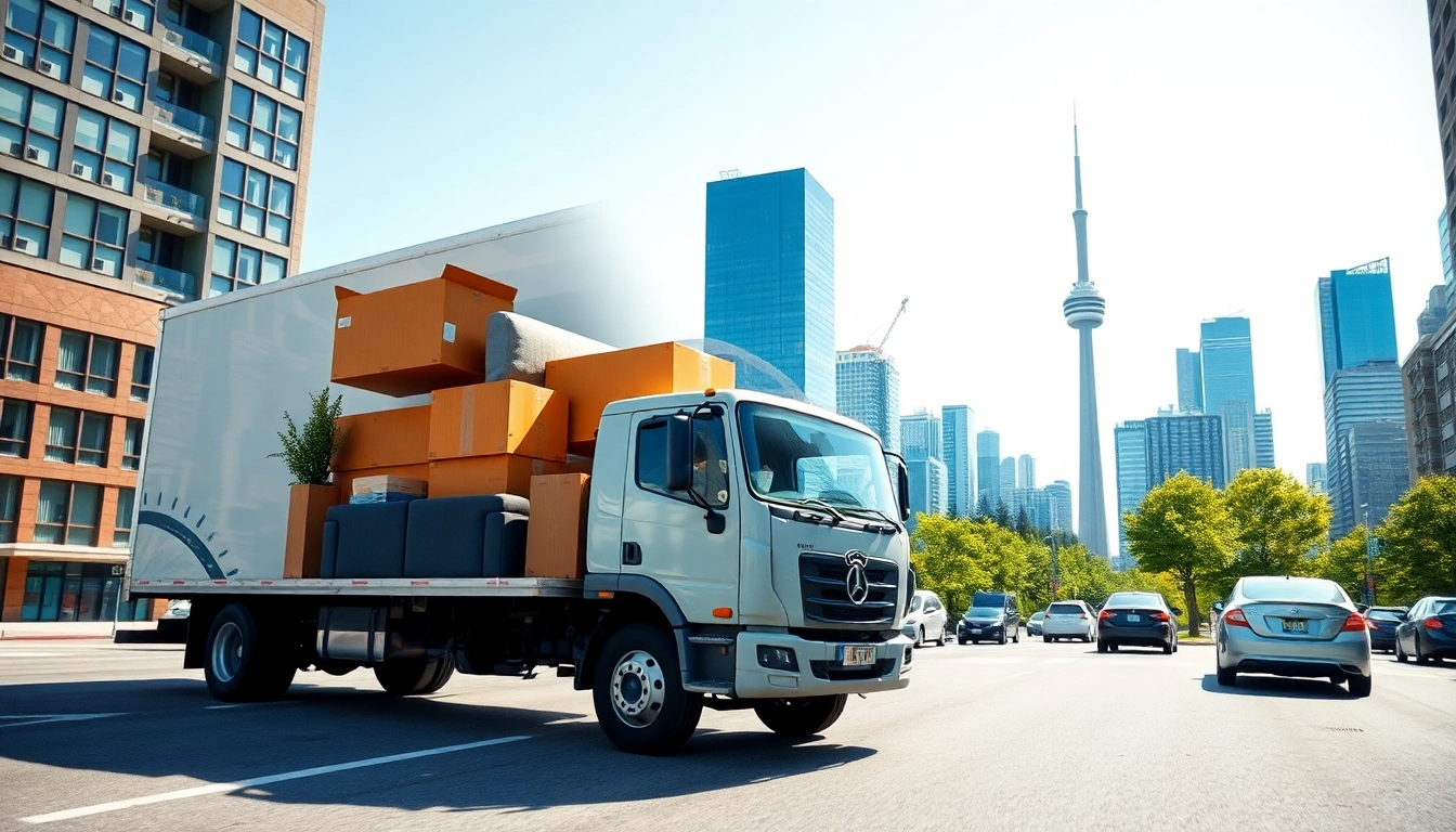 Toronto movers expertly handling a relocation amidst the vibrant Toronto skyline.