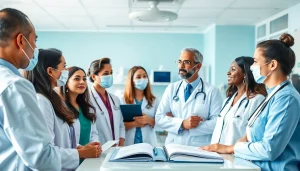 Facilitating discussions on Health in a modern healthcare facility with diverse professionals.