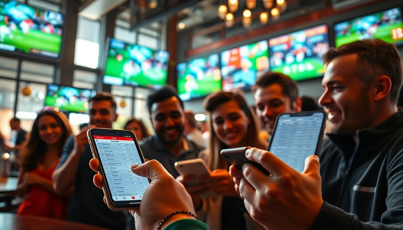 Engaged bettors analyzing odds using best sports betting sites India in a vibrant sports bar atmosphere.