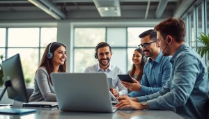 Engaged professionals discussing managed IT support services in a modern office with technology.