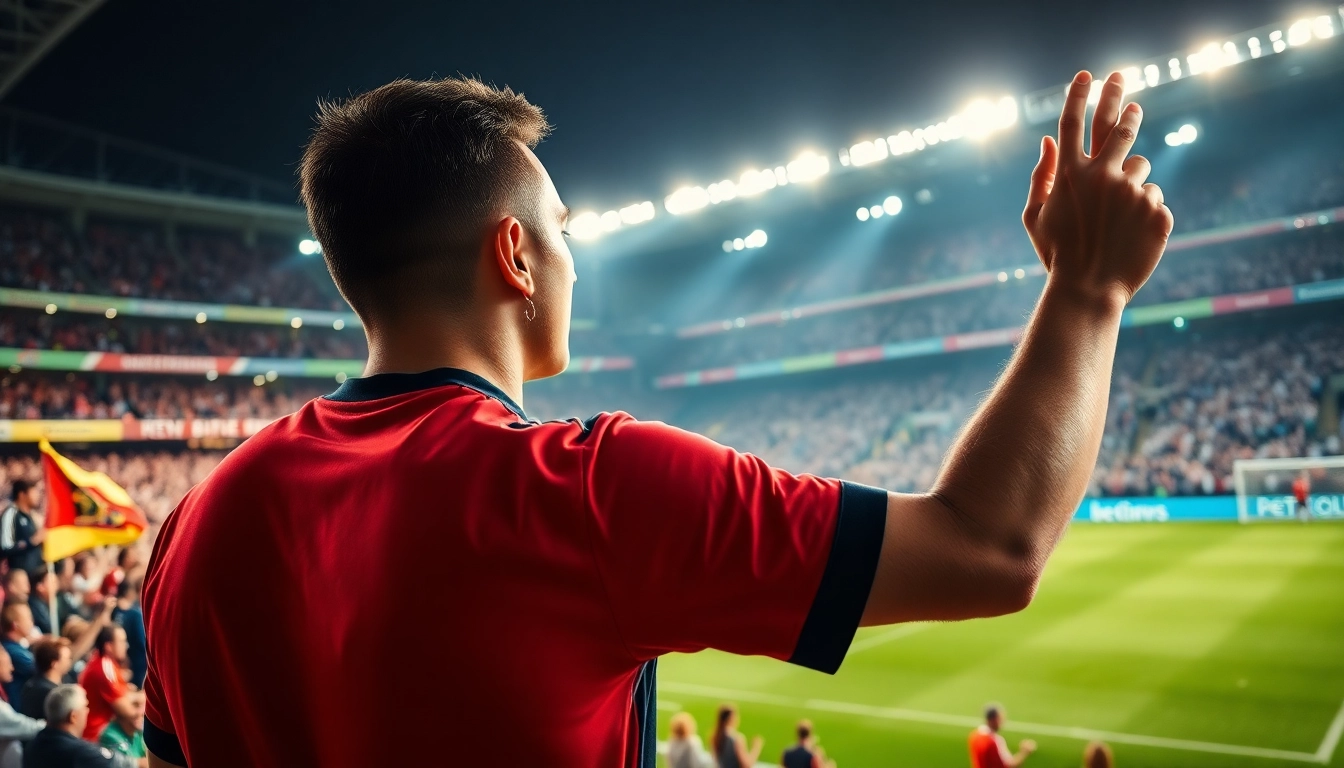 해외축구중계를 즐기는 열정적인 팬이 경기장에서 응원하고 있습니다.