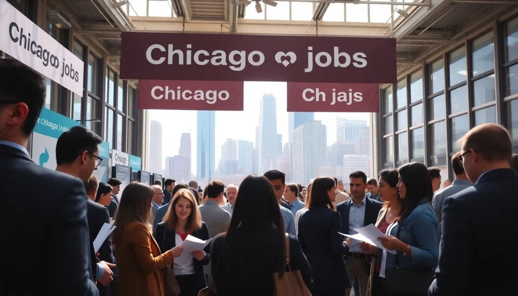 Explore Chicago jobs at a lively career fair with diverse job seekers networking.