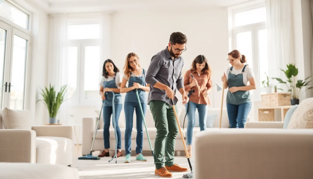 Cleaning Service team effectively tidying up a bright, welcoming living room with professional care.