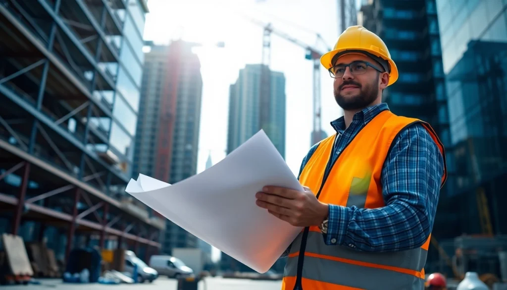 Manhattan General Contractor overseeing a busy construction site with cranes and blueprints.