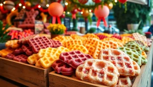 Geniet van wafel katoen in een levendige marktscene met kleurrijke displays.