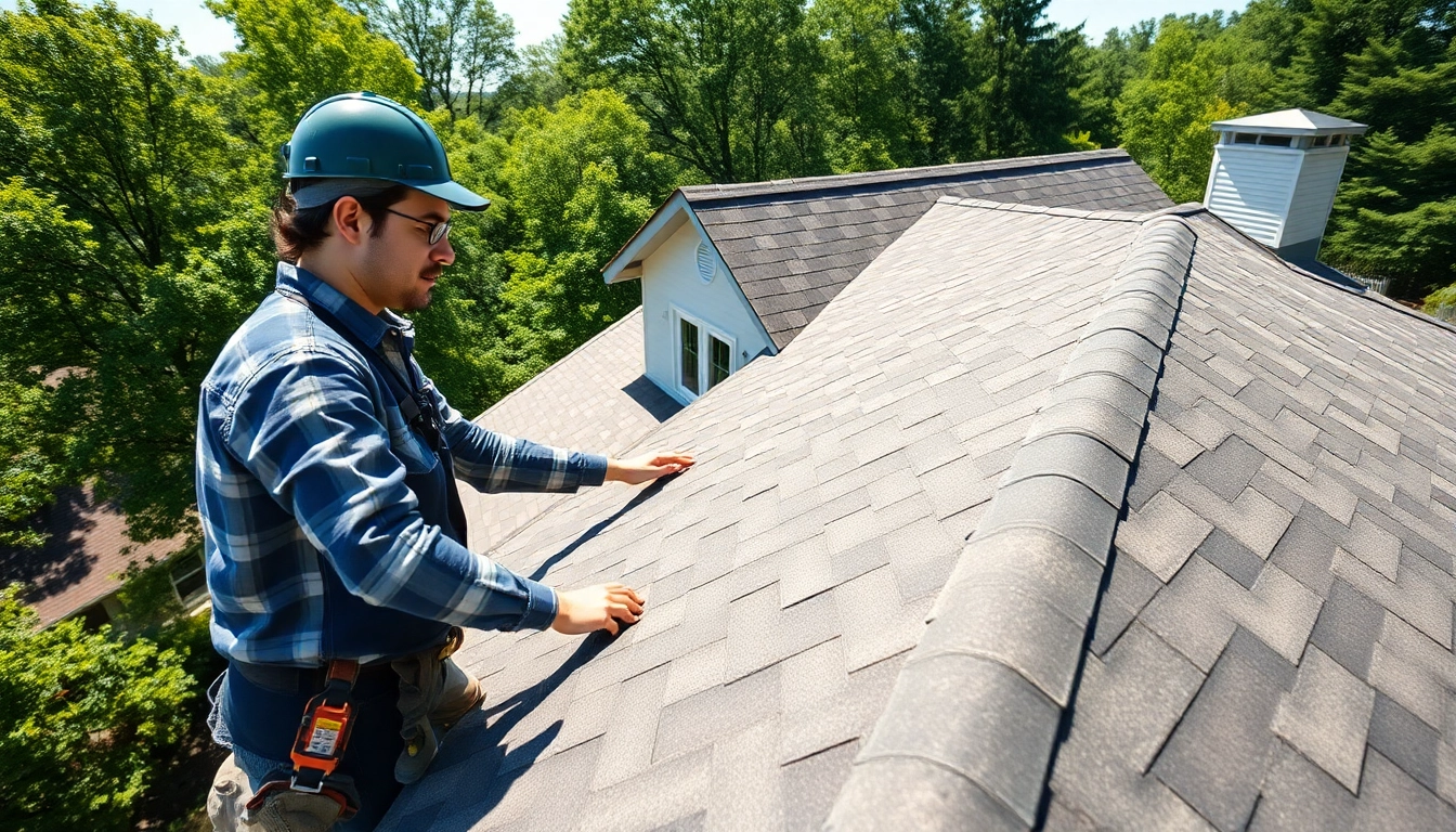 Inspecting roof shingles for reliable roofing services with a professional contractor.