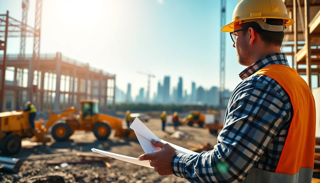 New Jersey Construction Manager guiding a team on a construction site with blueprints on desk