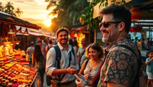 Engaging Activities & Attractions at a vibrant local market with happy tourists and colorful stalls.