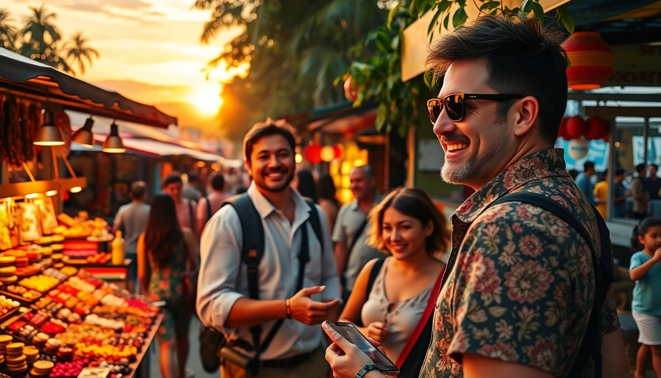 Engaging Activities & Attractions at a vibrant local market with happy tourists and colorful stalls.
