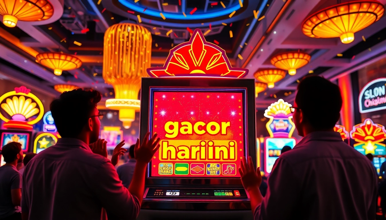Menampilkan slot gacor hari ini dengan mesin slot penuh warna dan pemain kegirangan.