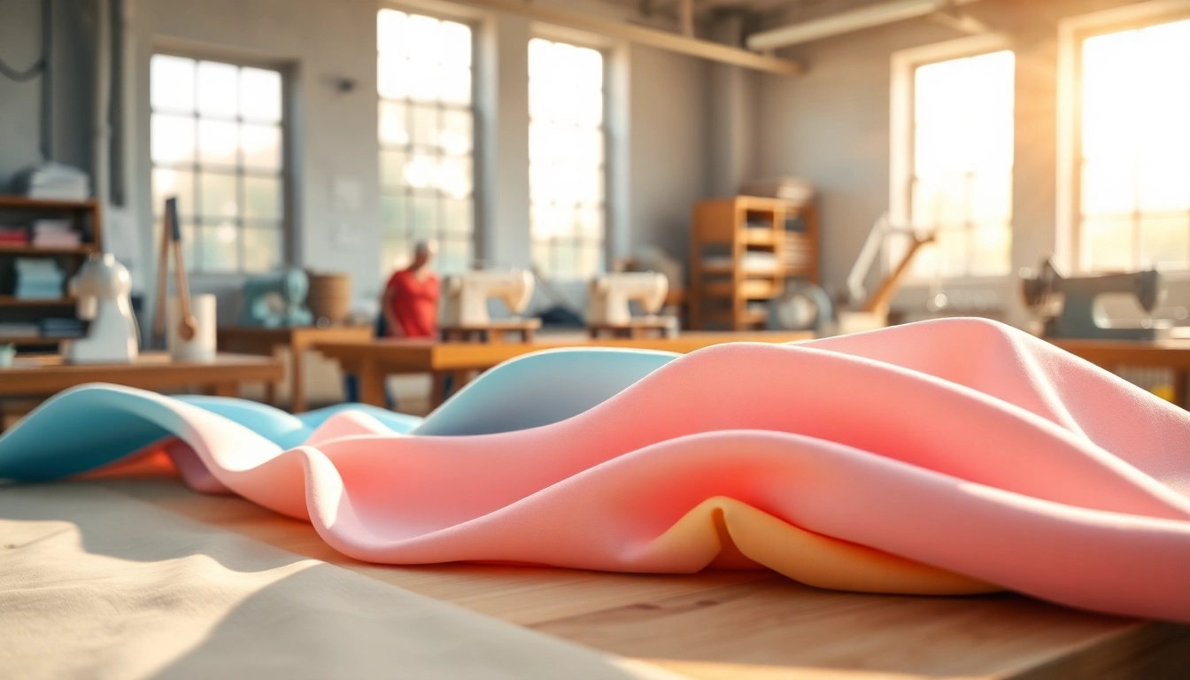 Katoen stoffen in een creatieve werkplaats met kleurrijke stalen op een houten tafel.