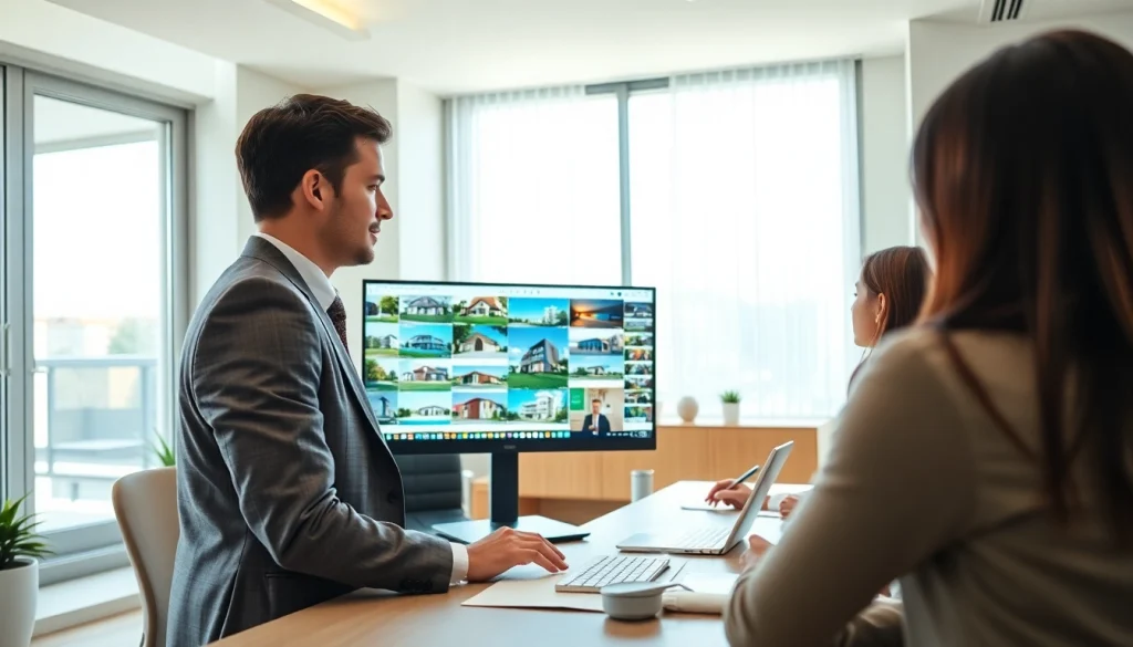 Real Estate agent discussing listings in a bright, modern office environment.