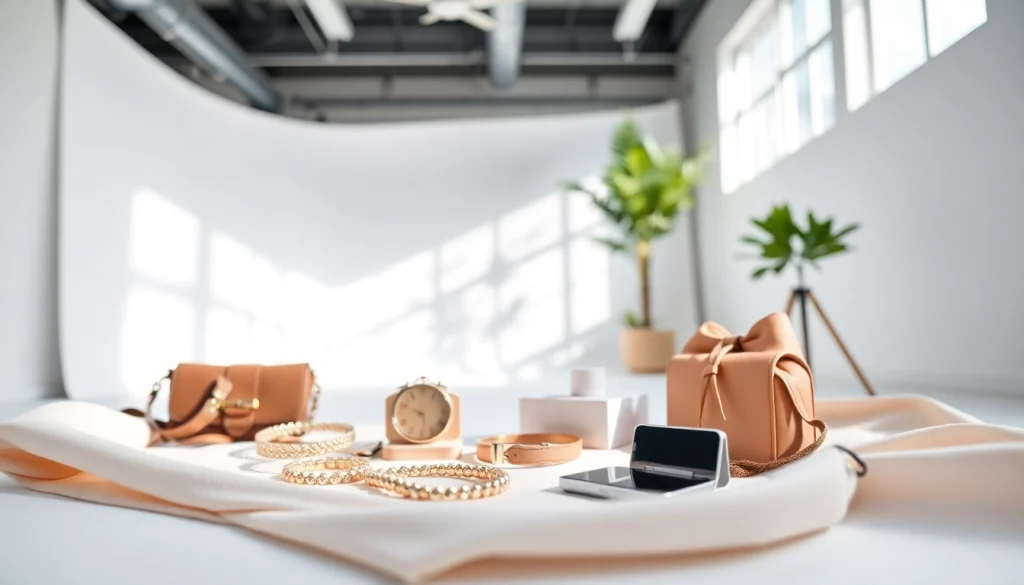 Fotografia di Prodotti con accessori eleganti su sfondo minimalista e luminoso.