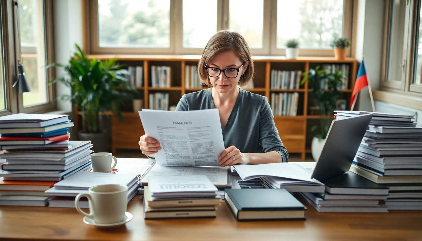 Certified translation services – tłumaczenie przysięgłe in an office environment.