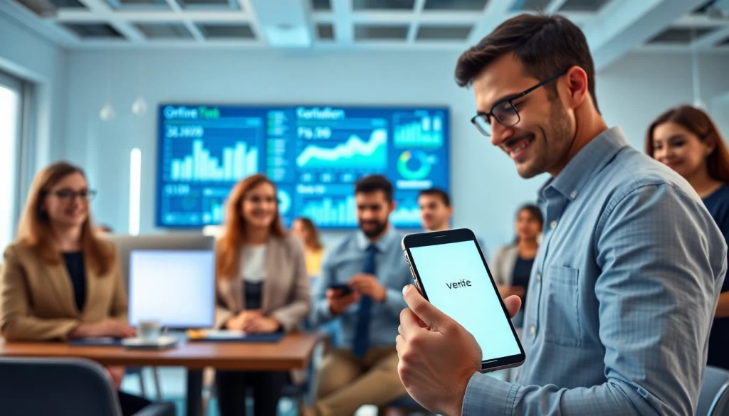 Online phone number verification: professionals using technology to ensure data accuracy in a modern office setting.