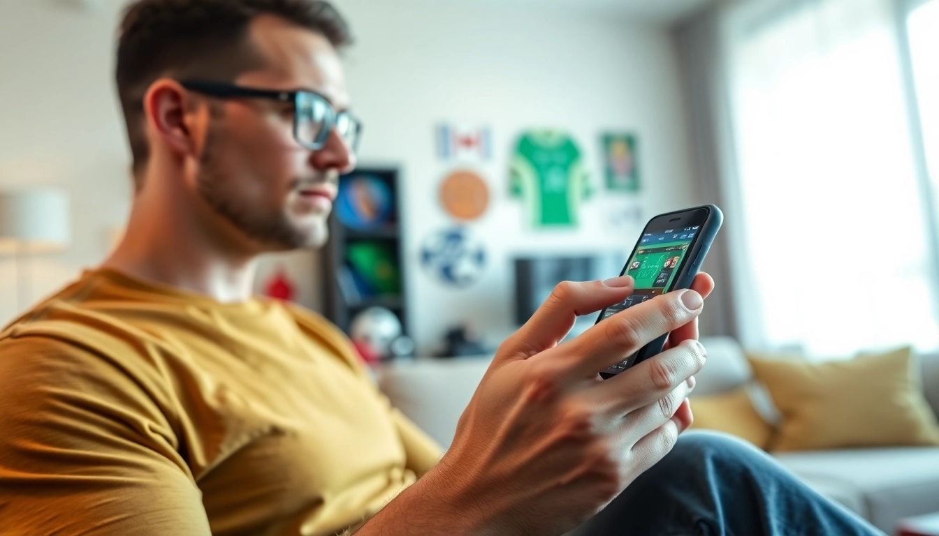 Engaged user exploring sports betting apps Canada on a modern mobile device in a stylish setting.