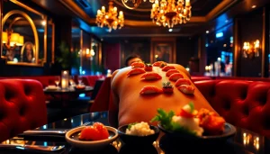 Body sushi elegantly presented on a model at Club Noir, showcasing a luxurious dining experience.