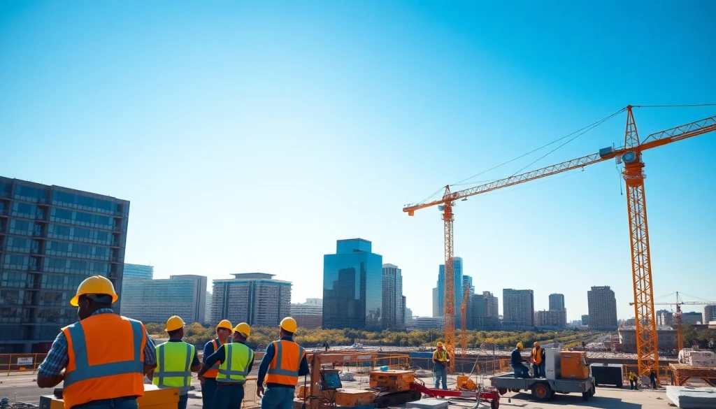 Austin construction site featuring workers and cranes collaborating in a modern setting.