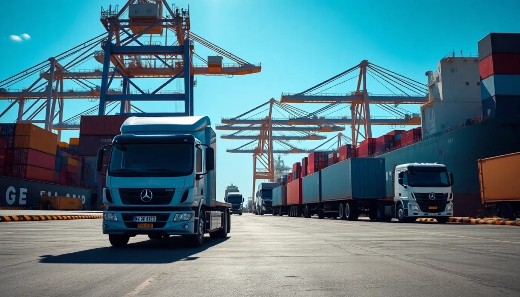 Efficient drayage operation with trucks transporting containers at a busy port.