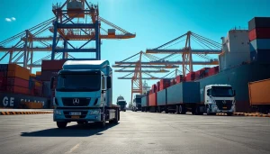 Efficient drayage operation with trucks transporting containers at a busy port.