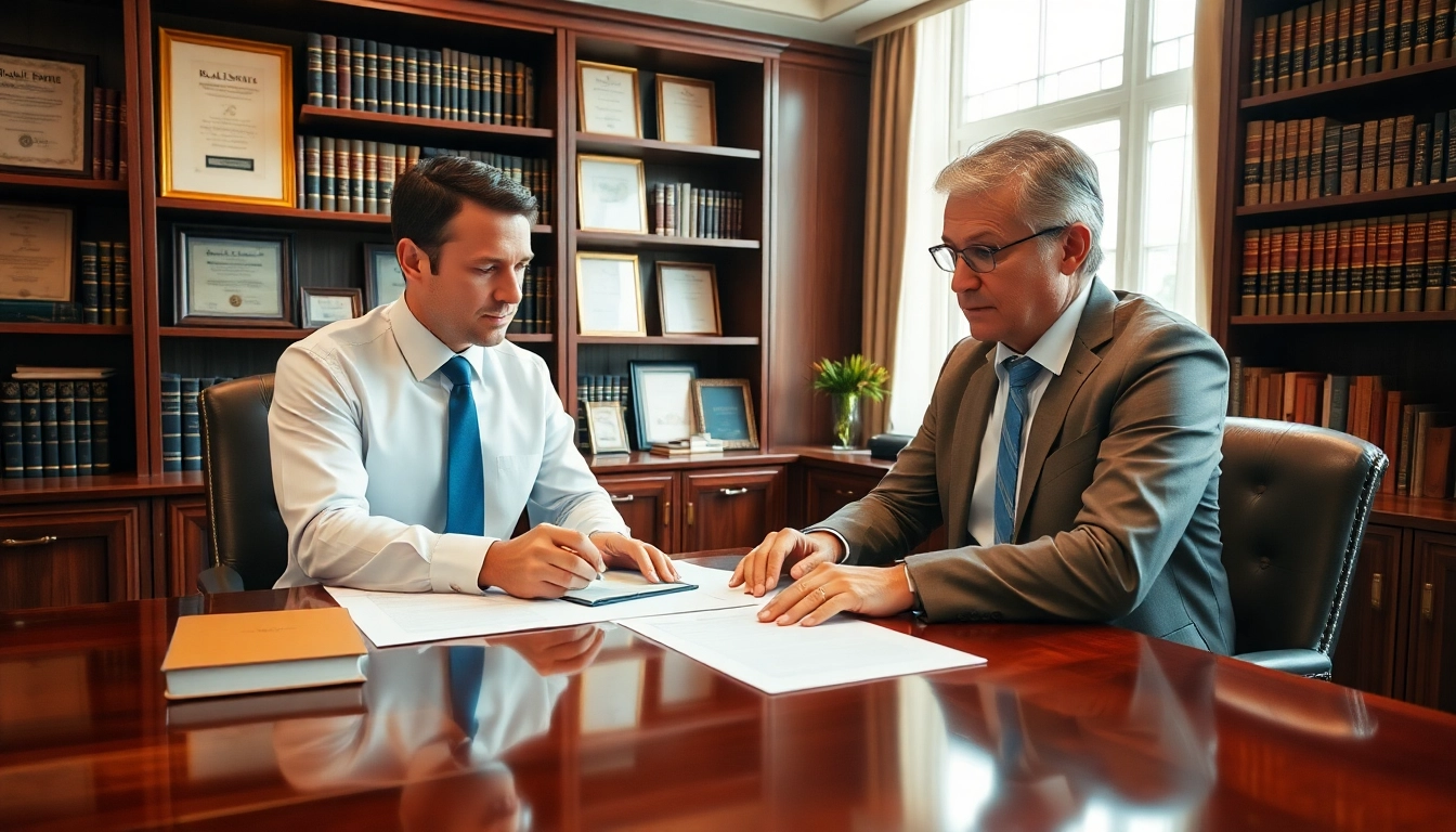 Engaging real estate lawyer consulting with a client in a professional office setting.