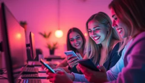 A vibrant scene of users engaging in ai sexting with digital chatbots, showcasing a modern and playful atmosphere.