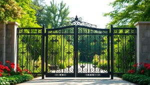 Admire the beauty of custom steel gates in a picturesque garden setting, highlighting design and craftsmanship.