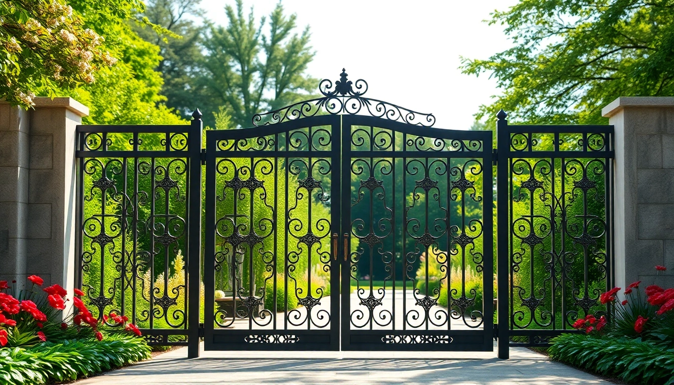 Admire the beauty of custom steel gates in a picturesque garden setting, highlighting design and craftsmanship.