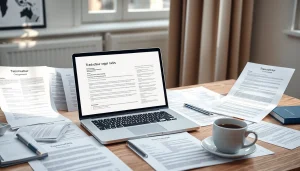 Espace de travail professionnel d'un traducteur assermenté russe avec des documents juridiques et des outils de traduction.