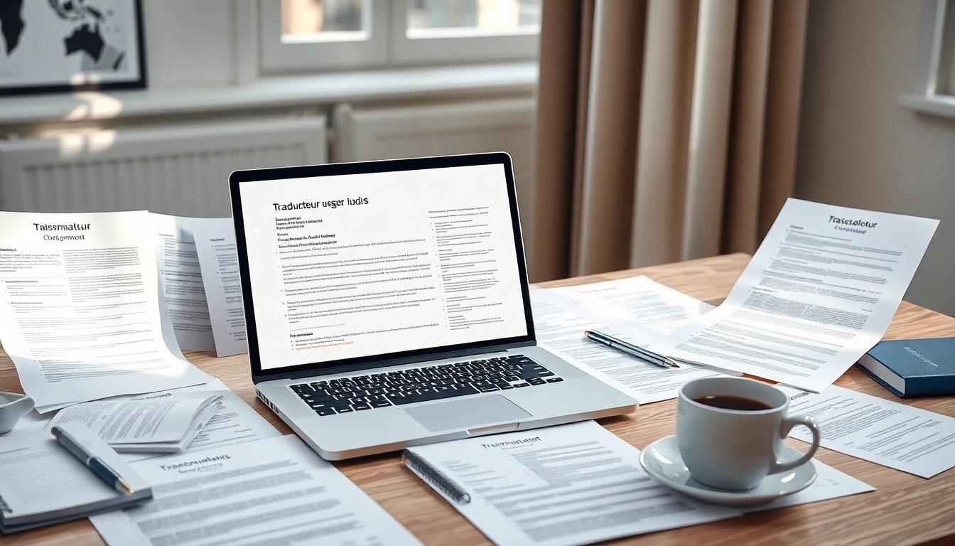Espace de travail professionnel d'un traducteur assermenté russe avec des documents juridiques et des outils de traduction.
