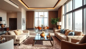 An elegant interior design dubai apartment with luxurious furnishings and warm lighting.