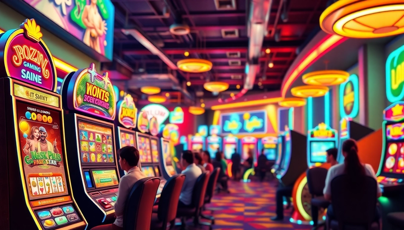 Bermain slot pulsa dengan grafis slot mesin yang cerah dan pemain yang ceria.