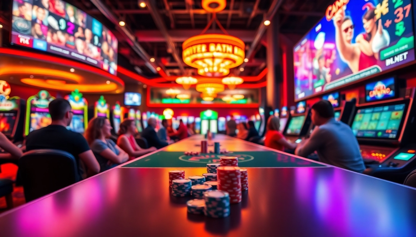 Exciting atmosphere at online casinos Canada featuring players, vibrant lights, and gaming action.