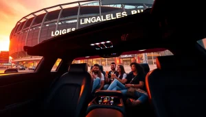 World Cup Group Transportation in a luxury limousine, celebrating fans inside with team colors.