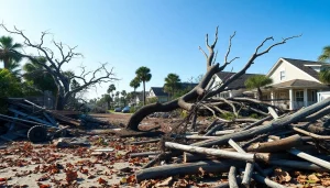 Assessing Florida hurricane damage with destroyed homes and uprooted trees in the aftermath.