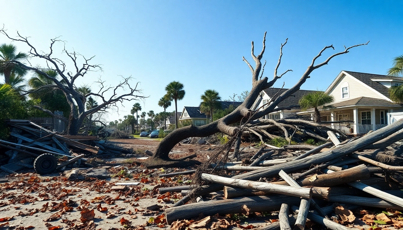 Assessing Florida hurricane damage with destroyed homes and uprooted trees in the aftermath.